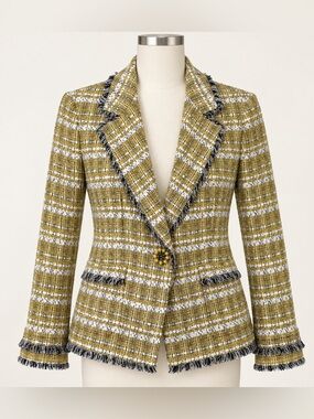 Liu Jo Milano Fringed Chartreuse Tweed Blazer Jacket Jeweled Button IT 44 US 8